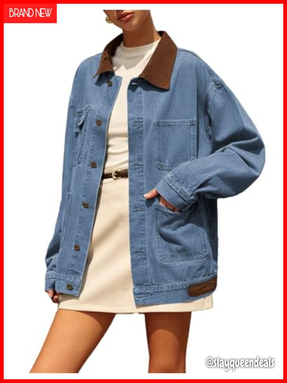 Oversized Denim Jacket Button Down Contrast Collar Jean Shacket